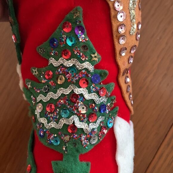 Vtg 60s large red felt hand decorated Christmas stocking - Picture 13 of 14